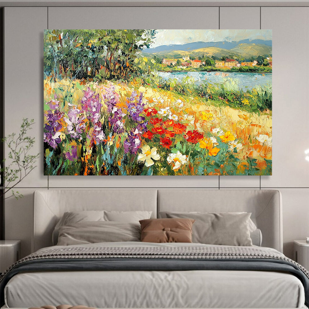 Flower - Filled Riverbank with Village View - Impressionistic Landscape Painting On Canvas HB0450