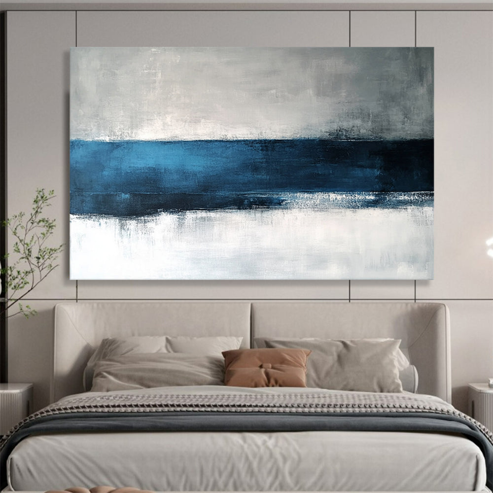 “Blue - Gray Horizon” - Blue, Gray, White, Minimalist Abstract Landscape Painting On Canvas HB1064
