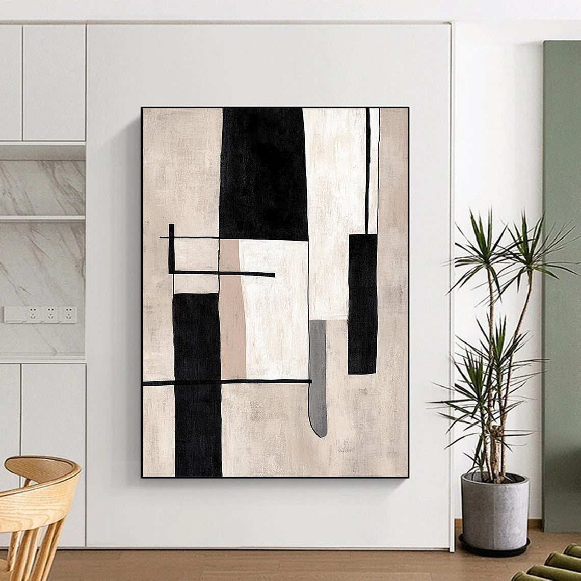 Contemporary hand-painted abstract artwork featuring minimalist black and white lines and simple shapes on a beige background. DLZ1394