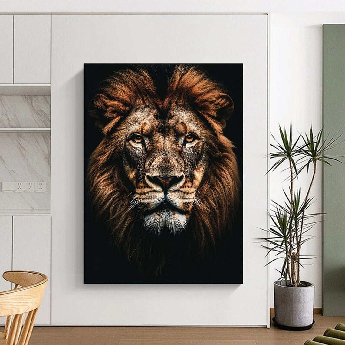 Contemporary abstract painting featuring a majestic lion portrait with realistic details against a dark background, perfect for modern decor. DLZ1590