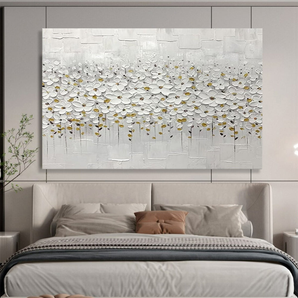 White Flower Field Textured Art - Serene Living Room or Nursery Decor DLZ214