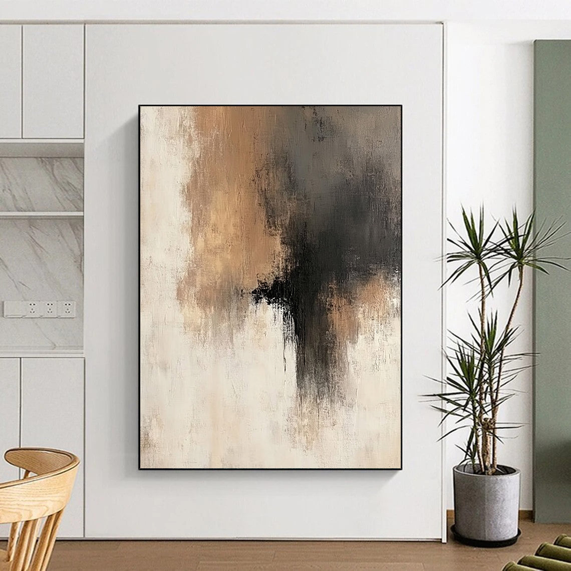Large contemporary hand-painted abstract artwork featuring soft brush strokes in neutral tones of beige gray and brown accents with a serene neutral background. DLZ0440