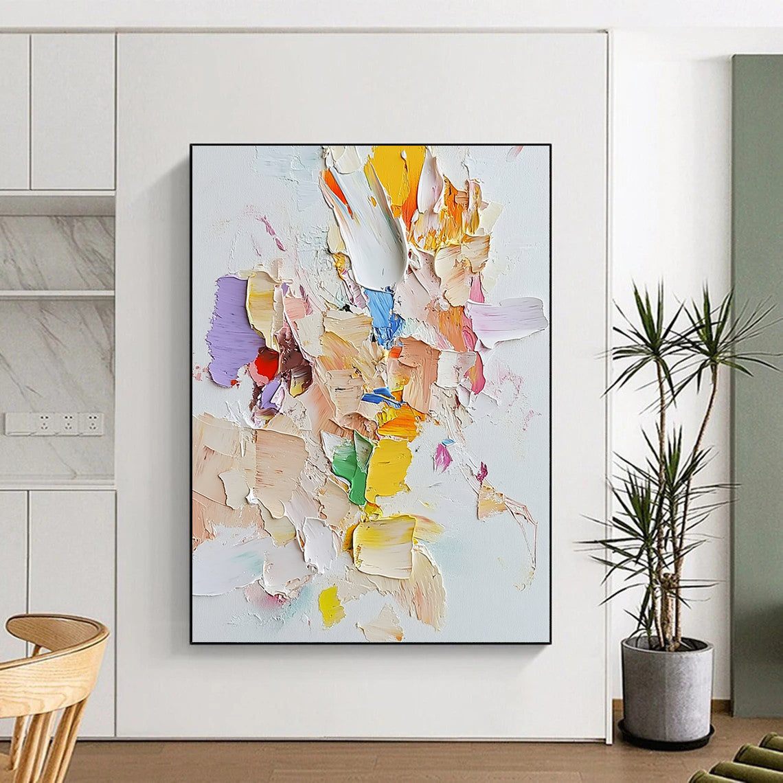 Contemporary abstract art featuring light pastels on white canvas with palette knife technique and assembled cut-out pieces for a unique textured effect. DLZ0882