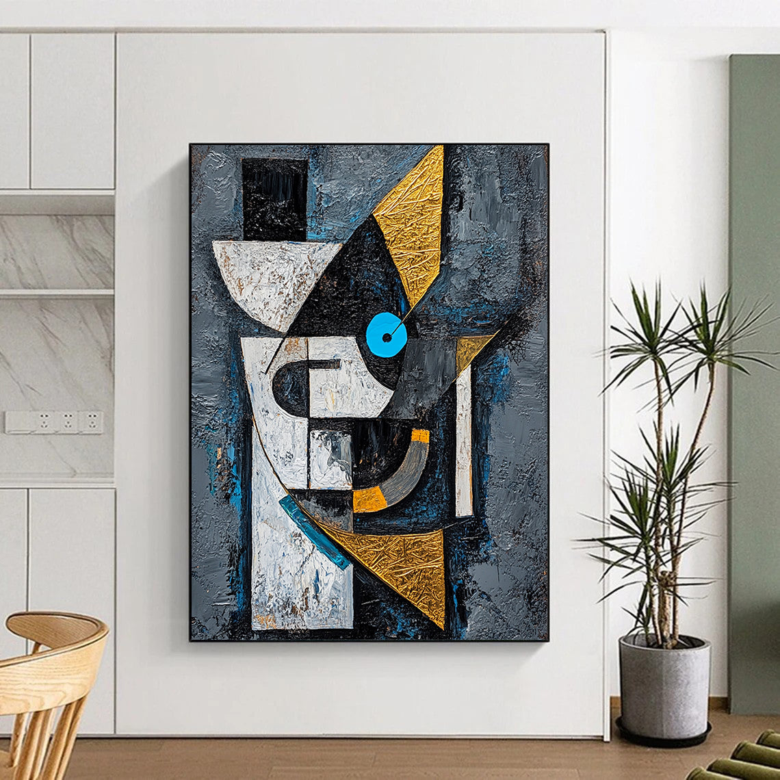 Gray, Black, White, Gold and Blue Cubist - Inspired "Abstract Portrait" Painting On Canvas HB319