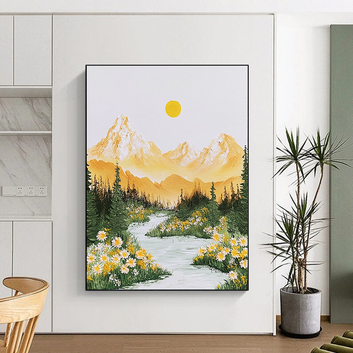 Contemporary abstract art features vibrant yellow and green Alps mountains, flowing river, radiant sun, and delicate flowers, evoking tranquility and beauty. DLZ1418