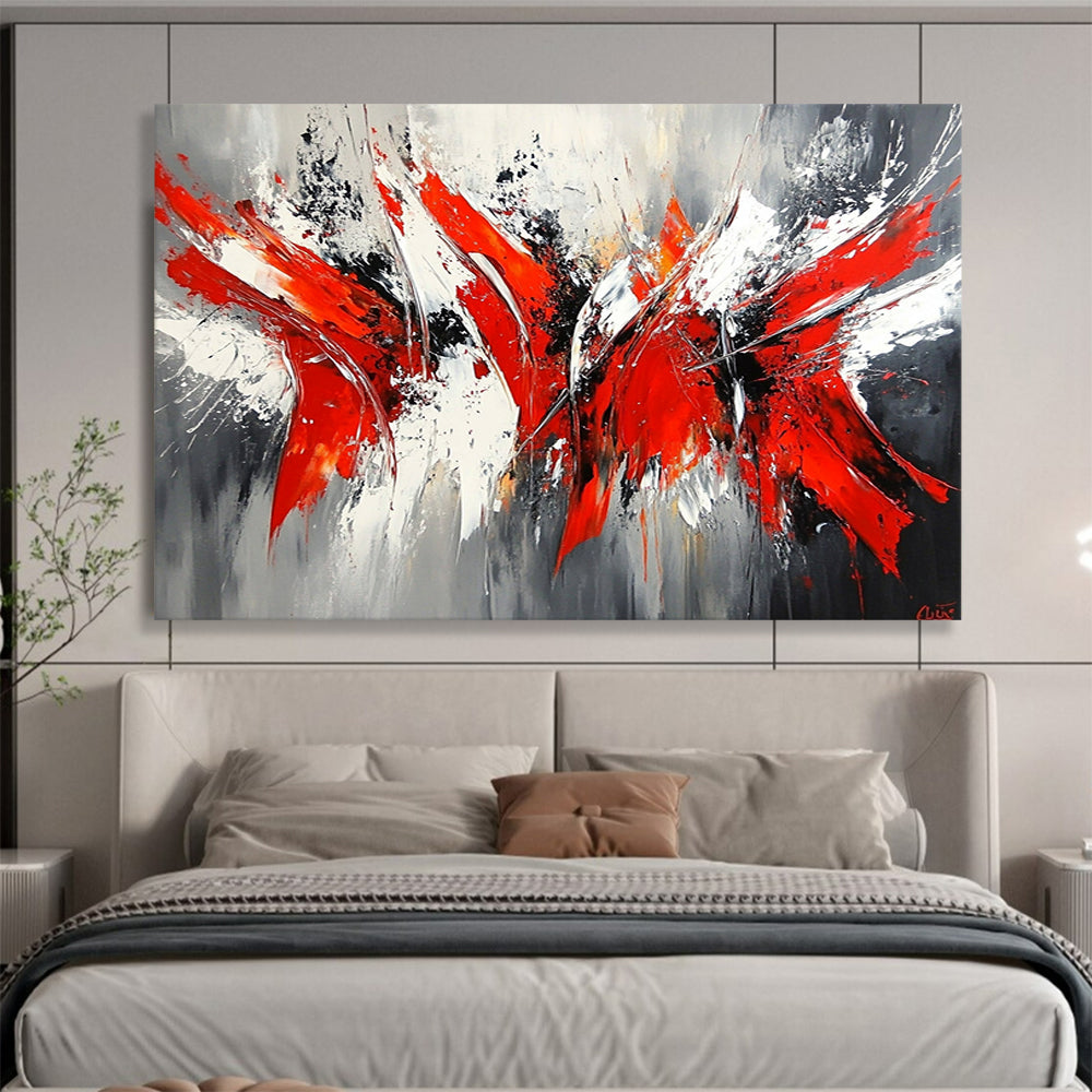 “Red & Gray Abstract Surge” - Bold reds, whites, grays, blacks; Dynamic abstract strokes; Abstract Expressionist Painting On Canvas HB1164