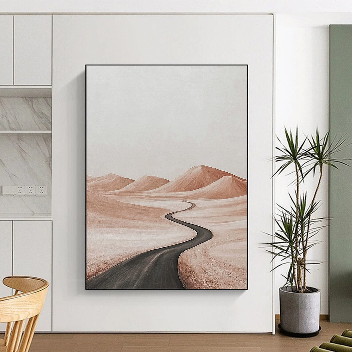 Contemporary abstract painting featuring a tranquil desert road with distant hills in subtle light browns and grays against a white background for serene ambiance. DLZ1451