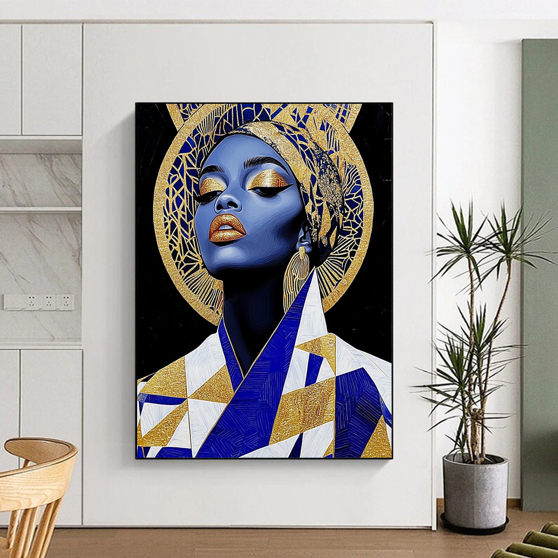 Contemporary abstract art featuring an African queen in gold leaf jewelry and geometric patterns, set against bold black shapes for added depth. DLZ1086