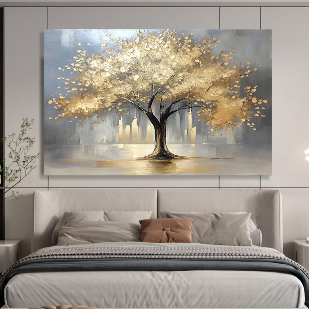 “Golden Tree in City” - Gray background, golden foliage, cityscape, Textured Tree Painting On Canvas HB0592