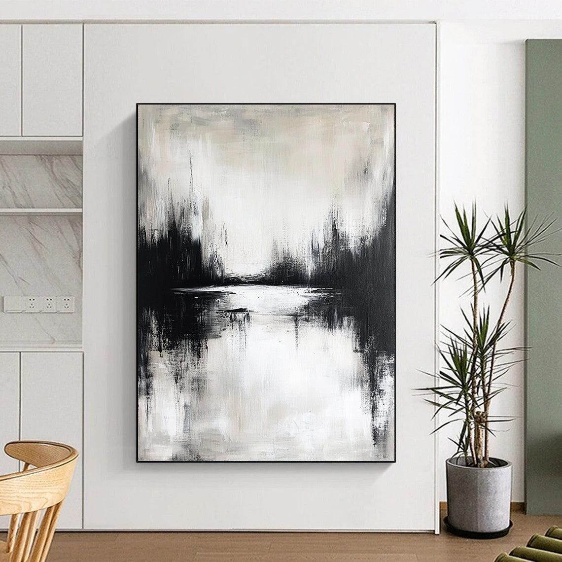 Contemporary hand-painted abstract artwork featuring a moody lake reflection in neutral tones and atmospheric black and white design. DLZ0310