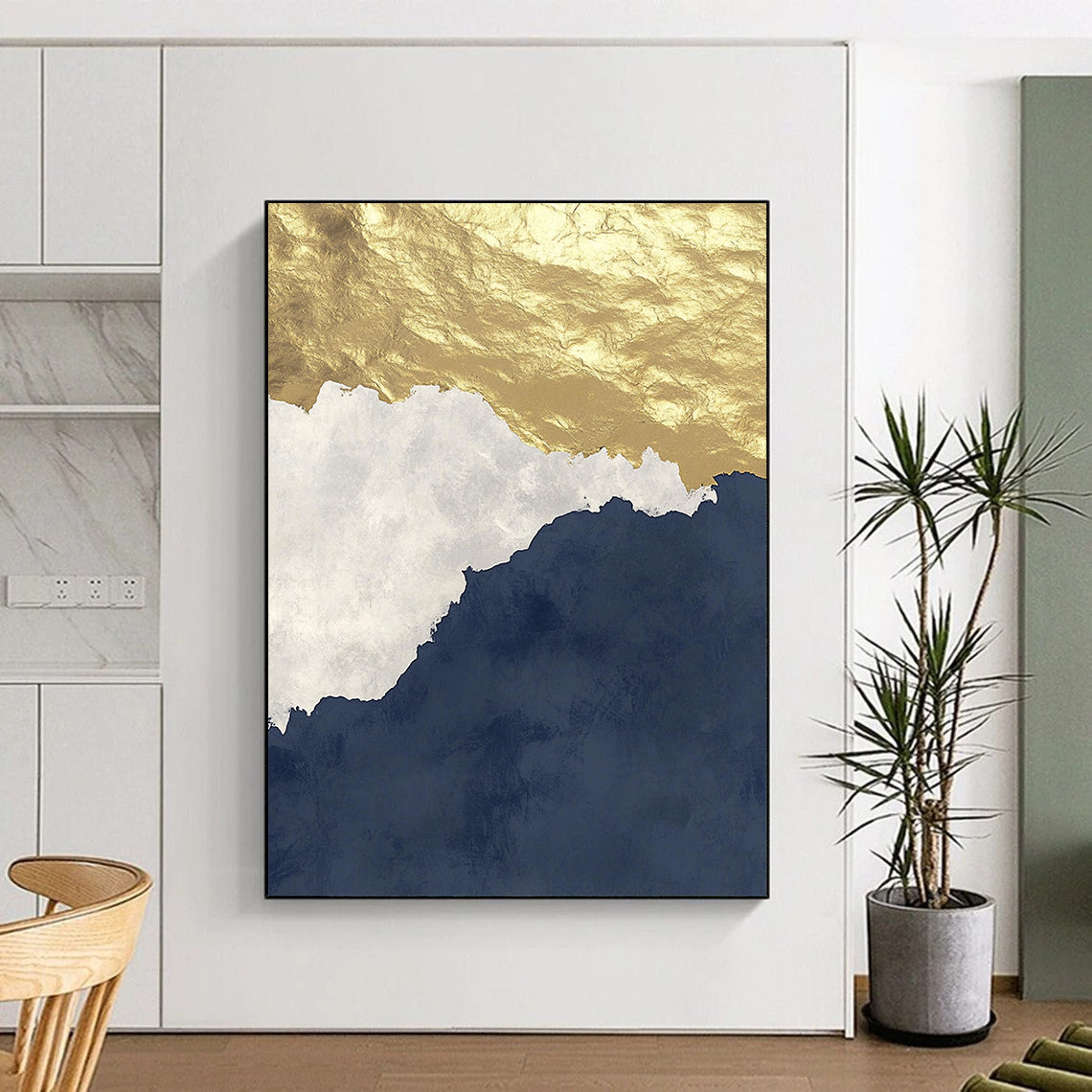 Contemporary abstract artwork features gold and navy tones on a white background with calming waves and dark grey gradient effects with golden foil accents. DLZ0268