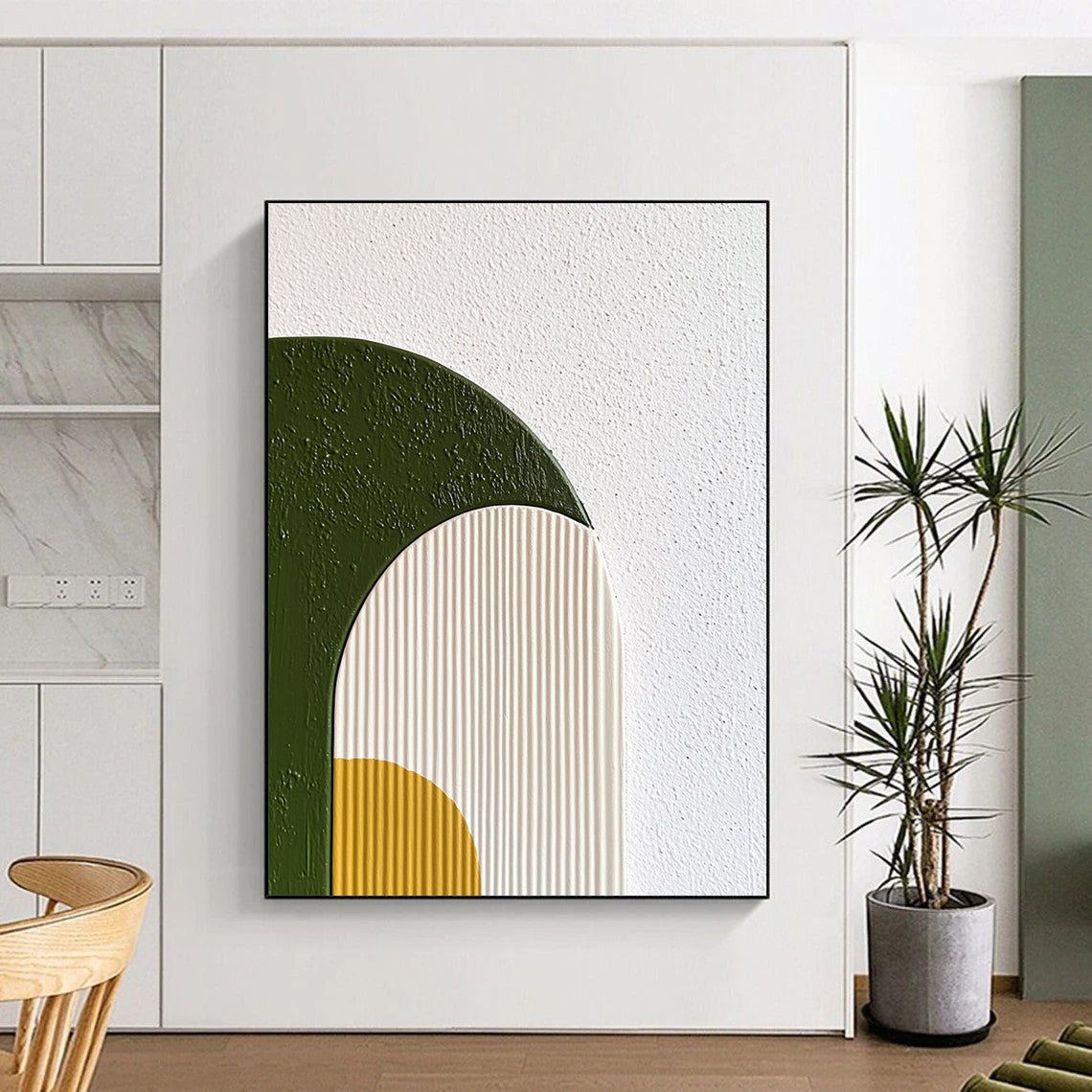 Contemporary hand-painted abstract wall art features organic shapes in green and yellow on a textured background with soft gradients and minimalist design. DLZ1235