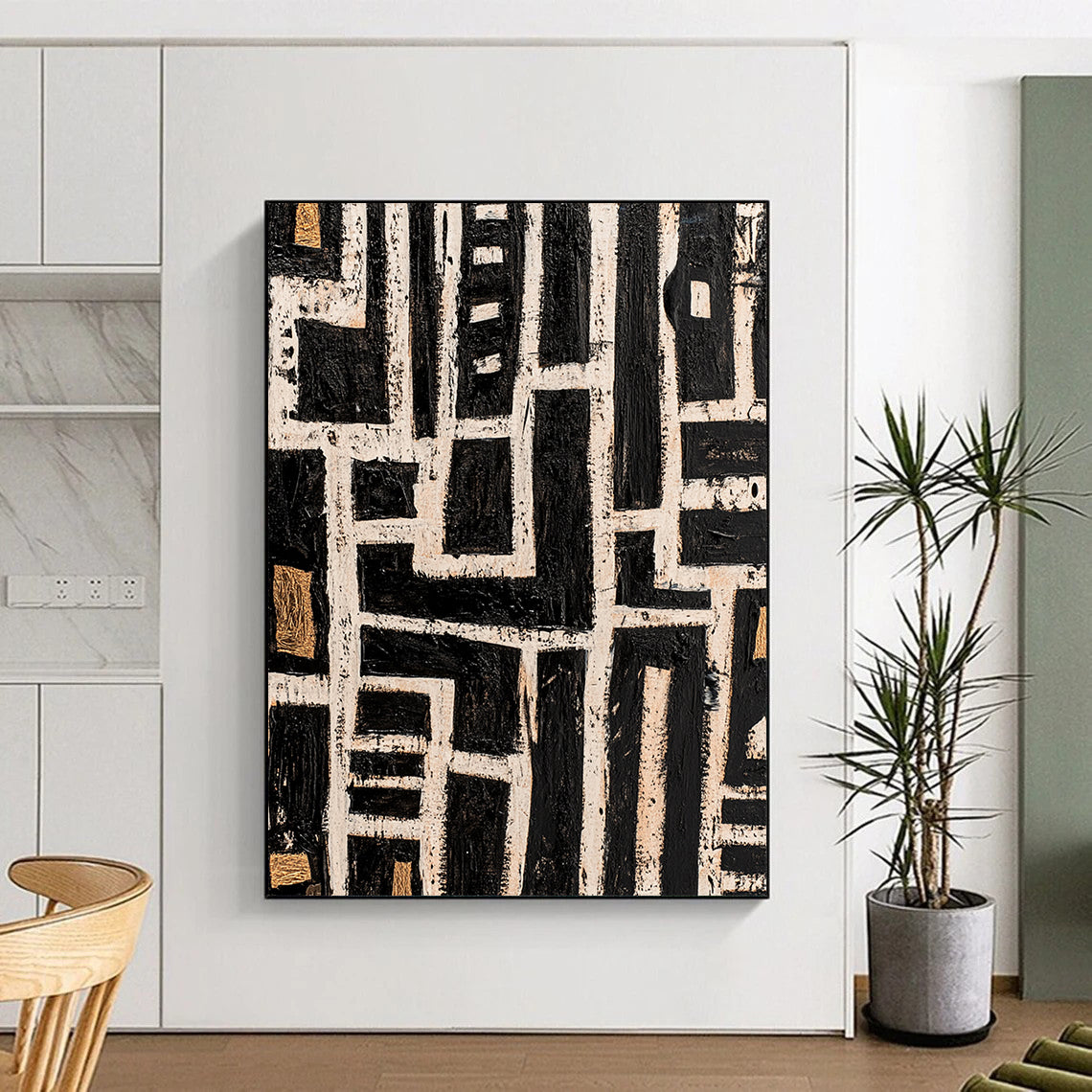Black, White and Gold Geometric Maze "Labyrinthine Path" Painting On Canvas HB341