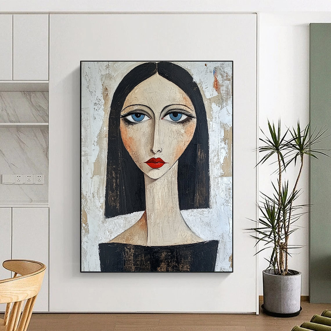 Contemporary hand-painted portrait showcasing confidence with blue eyes and red lips against a textured white backdrop featuring dark hair and a black top. DLZ1442