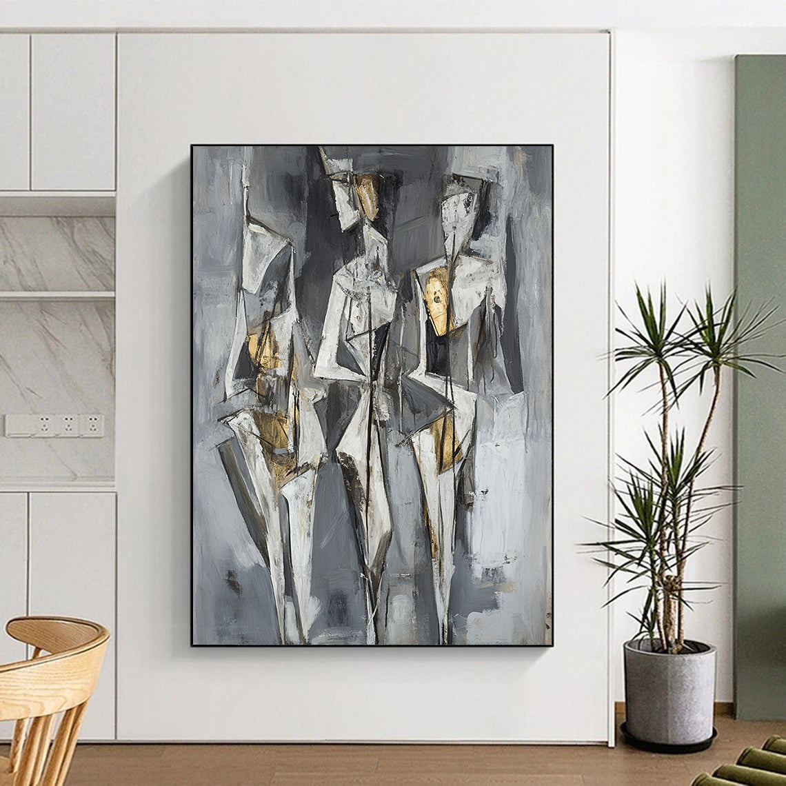 Gray, White, Black and Gold Cubist Figures "Ethereal Forms" Painting On Canvas HB375