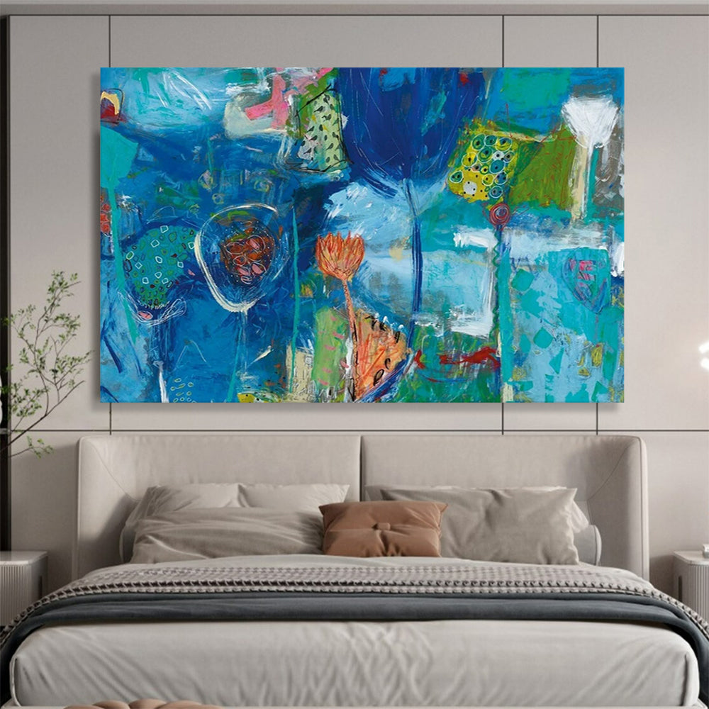 Blue Abstract Flower Field - Whimsical Living Room or Nursery Decor DLZ245