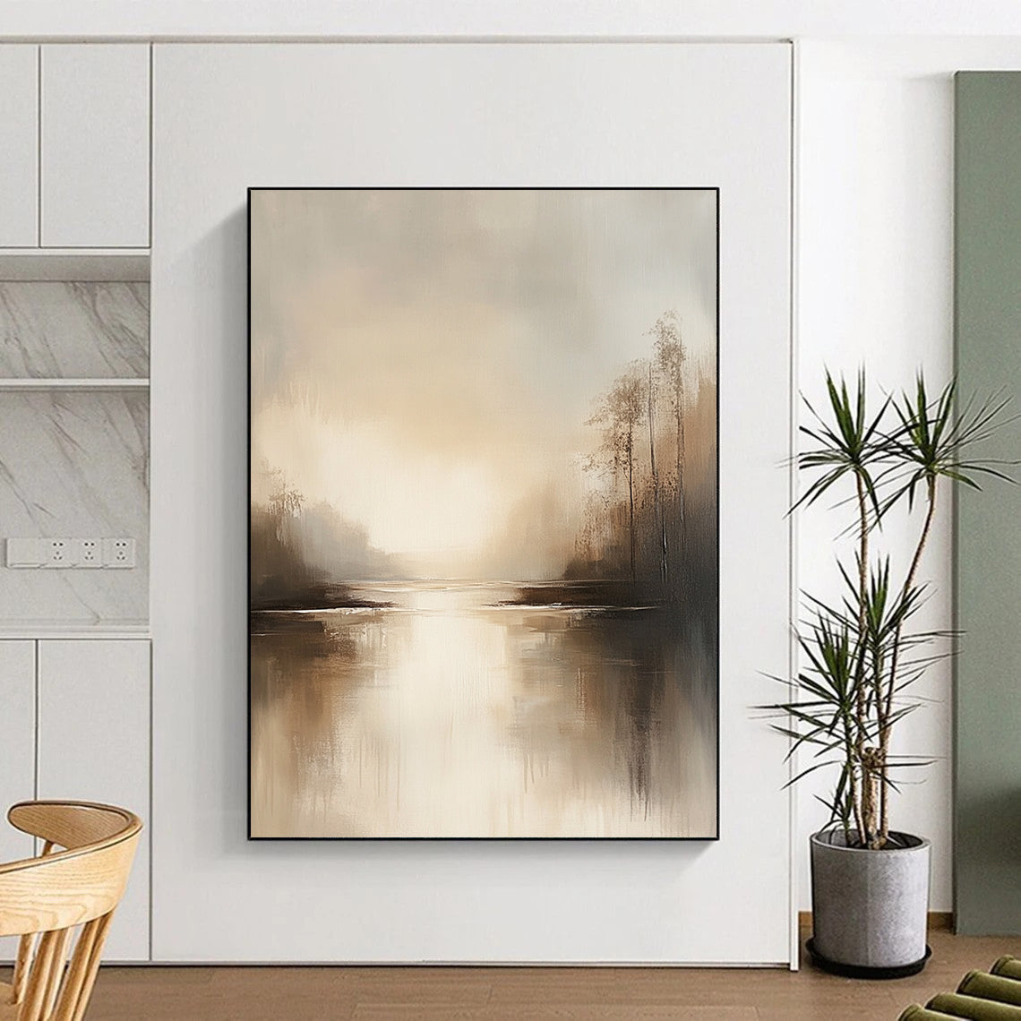 Abstract landscape artwork featuring neutral beige and gray tones tranquil water reflections and a serene muted sky evoking an ethereal calmness. DLZ0414