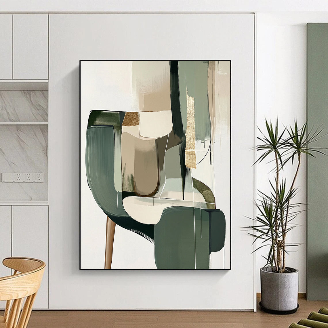 Contemporary hand-painted abstract artwork features muted sage green and neutral tones with gold foil accents and geometric shapes in a minimalistic Japandi style. DLZ0512