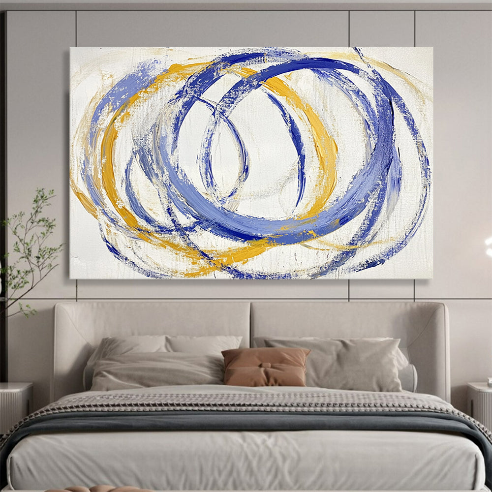 “Blue - Yellow Circular Rhythms” - Blue, Yellow, Circular Strokes Painting On Canvas HB0766