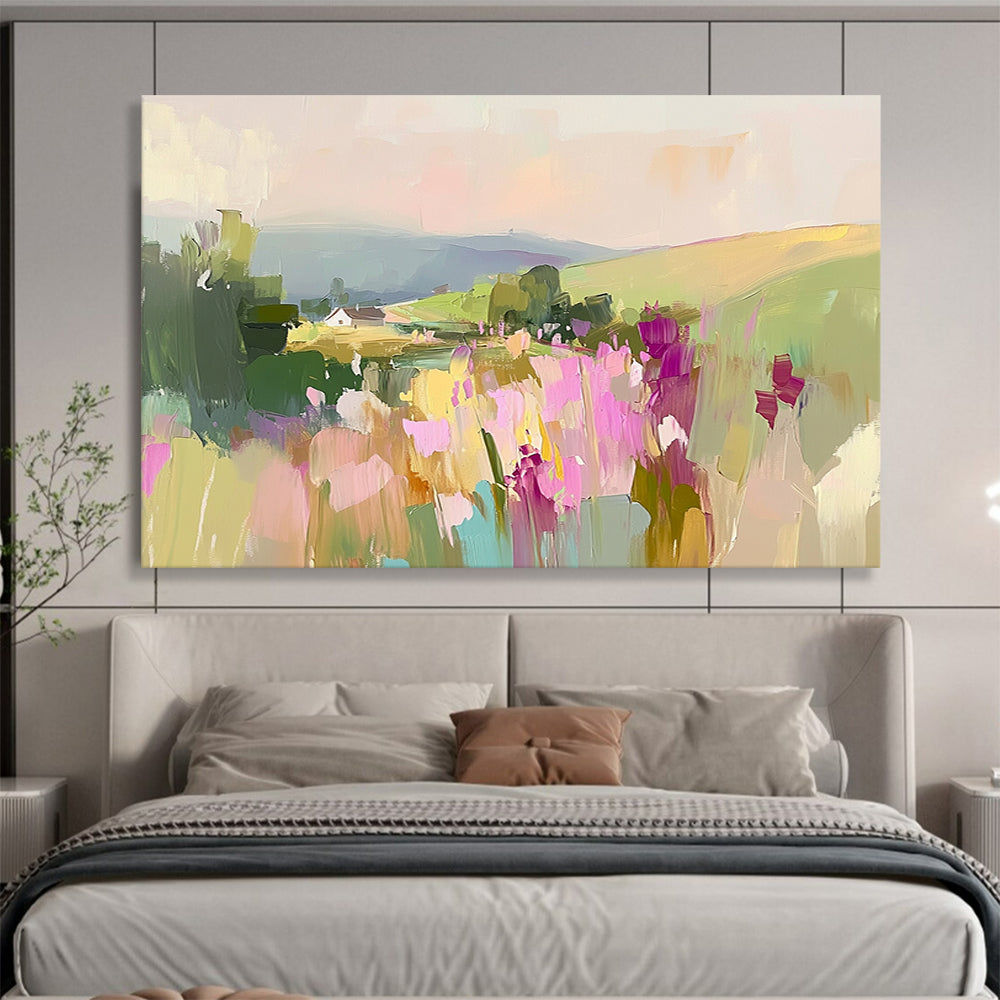“Pastel Landscape with Flowers” - Pastel Palette, Floral Countryside Painting On Canvas HB0892
