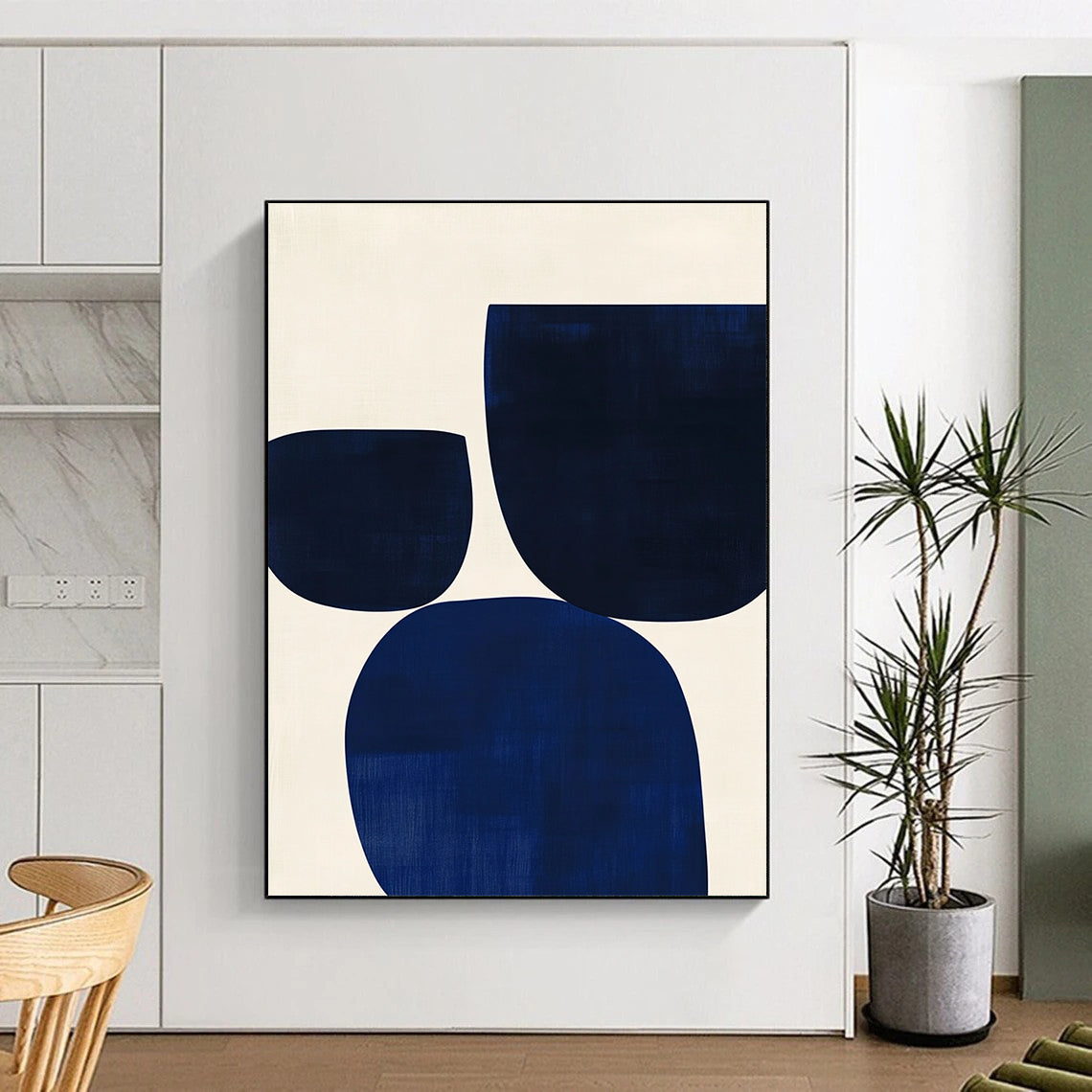 Contemporary hand-painted abstract artwork featuring minimalist Japandi style with blue and white simple shapes for a serene ambiance. DLZ1618