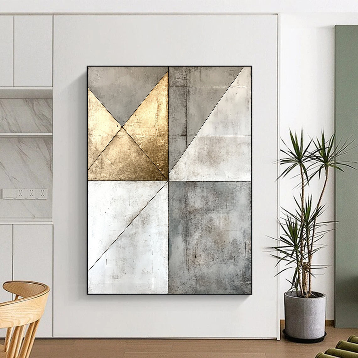 Gray, White, Gold, Geometric Triangles "Gilded Pyramid" Abstract Minimalist Painting On Canvas HB141