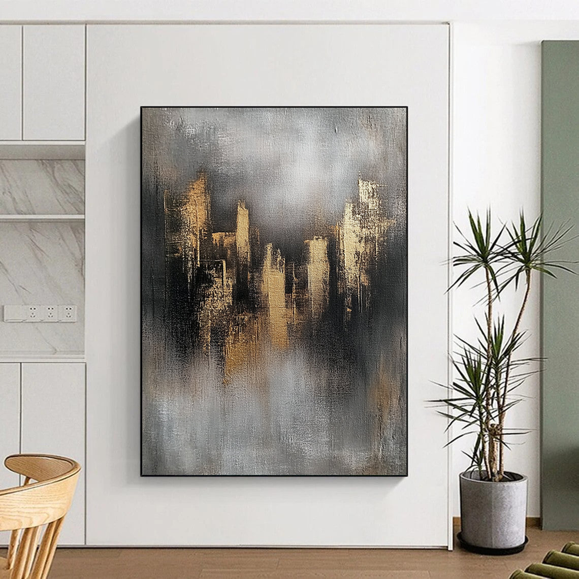 Contemporary abstract art featuring gray and gold skyline elements textured on canvas with a minimalist industrial feel and ambient lighting highlights. DLZ0520