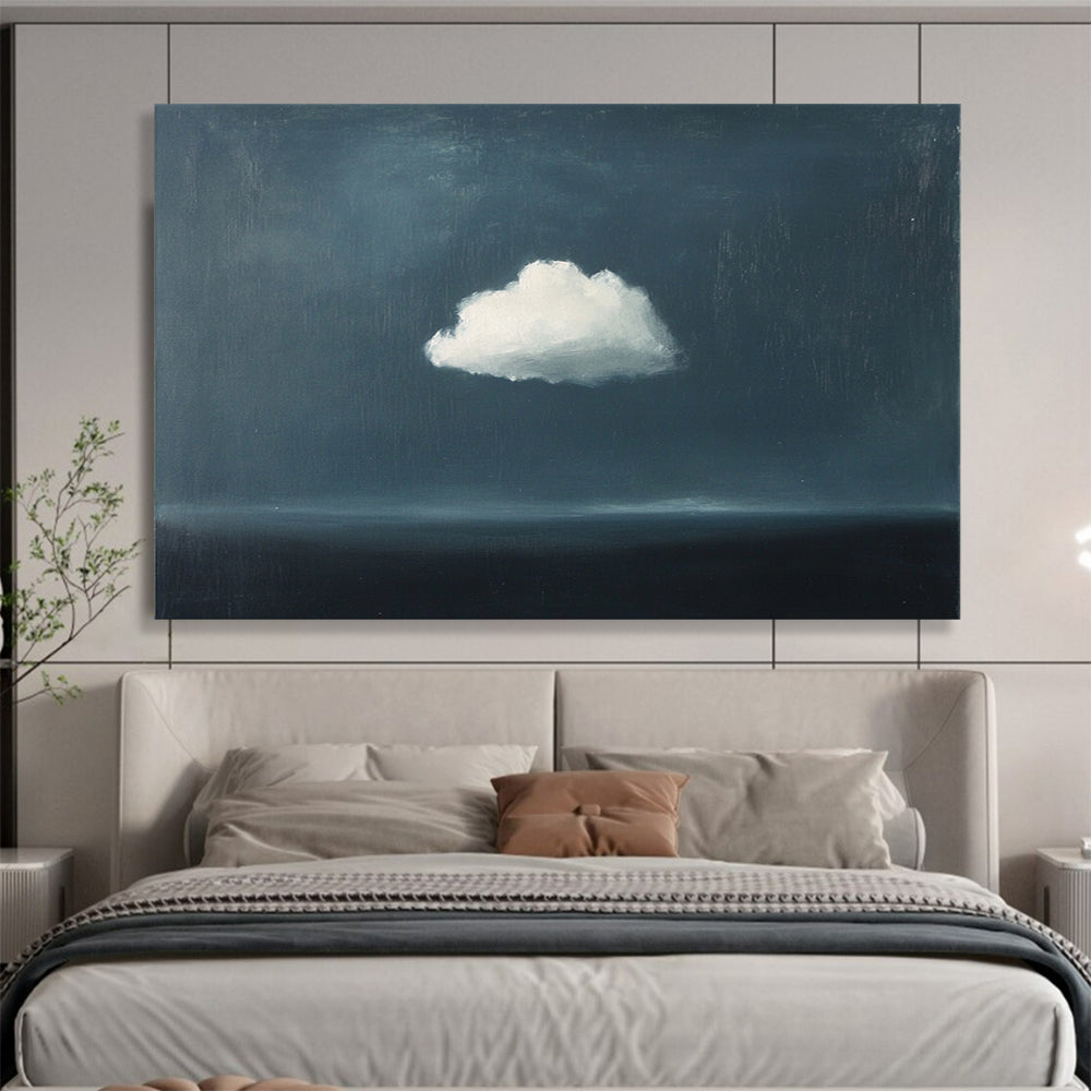 “Lone Cloud Over Sea” - Dark Blue, White, Minimalist Landscape Painting On Canvas HB0710