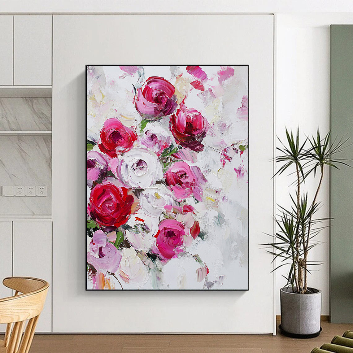 Contemporary hand-painted abstract art featuring vibrant red and pink roses on a white background with loose strokes and a dreamy bouquet effect. DLZ0992