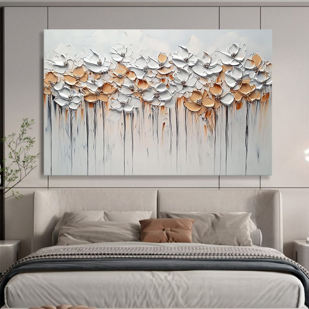 “White - Gold Floral Drip” - White, Gold, Beige with Flower Row - 3D Impasto Painting HB1350