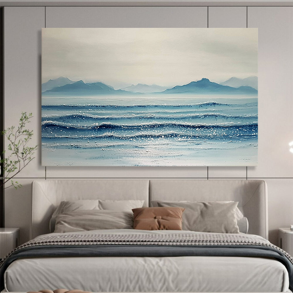 “Sparkling Sea and Distant Peaks” - Shades of Blue, White, Silver, Glittering Ocean and Mountains - Textured Oil Painting HB1612