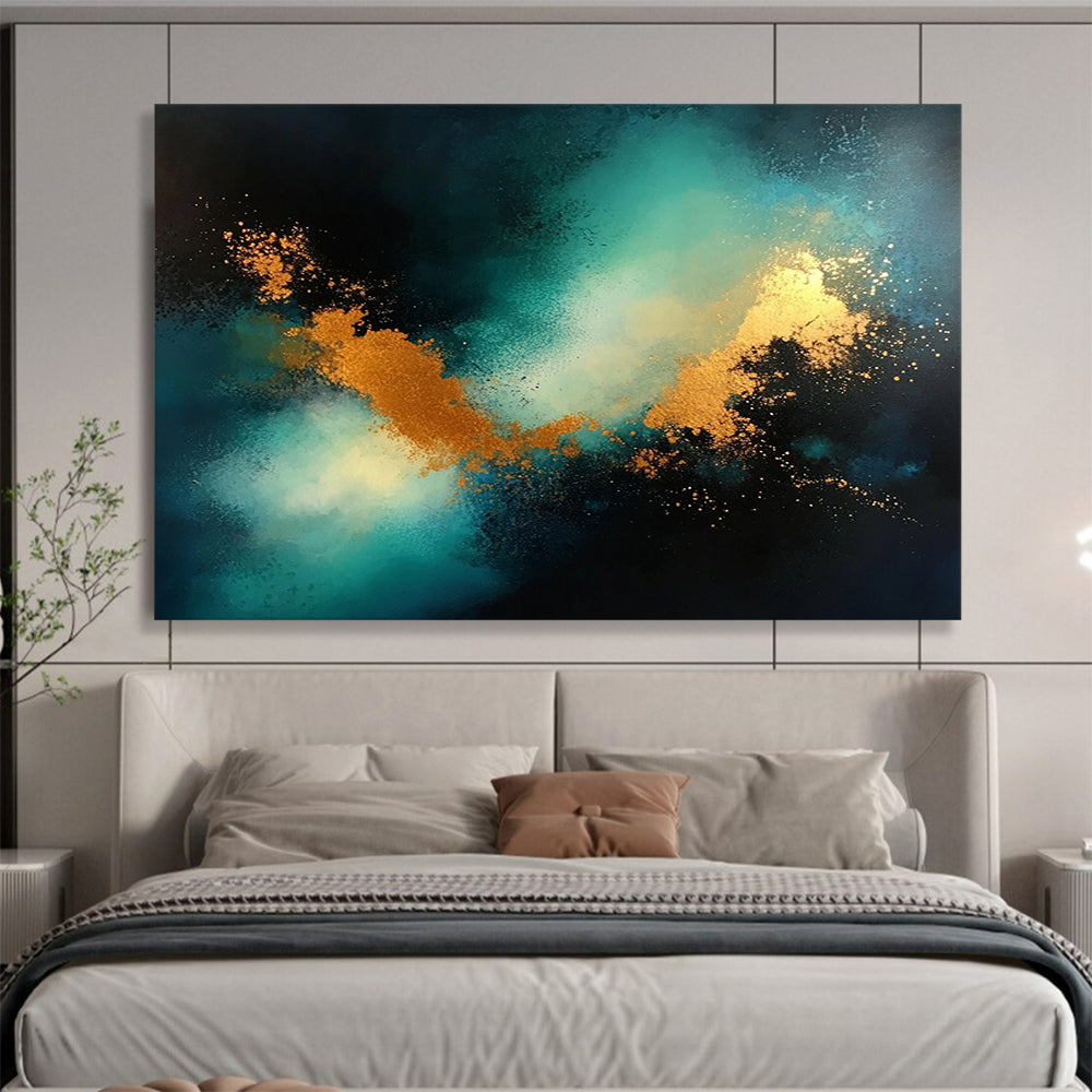 “Cosmic Teal & Gold” - Teal, Gold, Black, Abstract Celestial Clouds Painting On Canvas HB1033