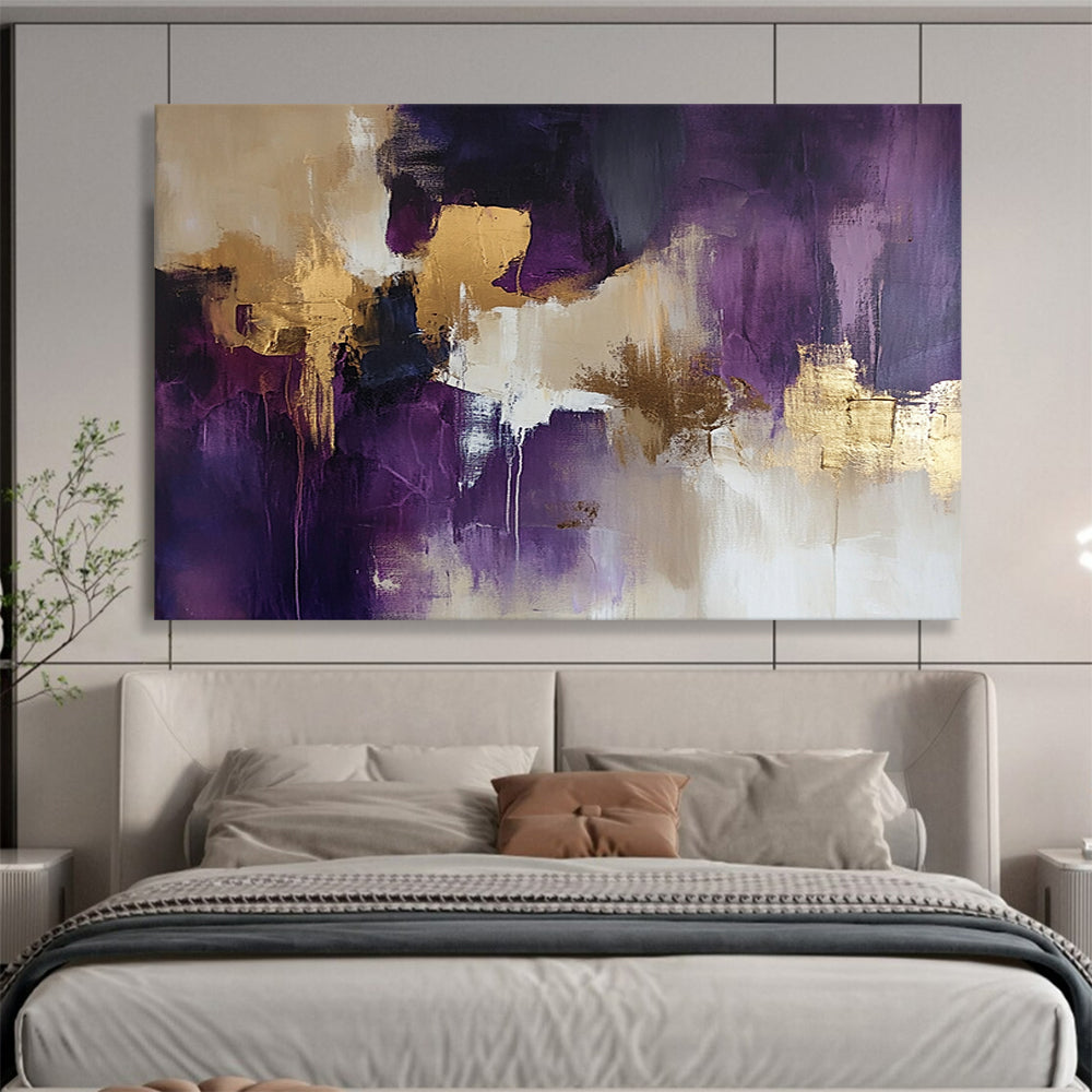 “Purple Gold Abstract” - Purple, Gold, Beige, White, Flowing Forms - Painting On Canvas HB1420