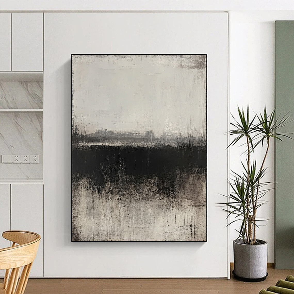 Contemporary hand-painted abstract artwork featuring a grey and black palette soft textures and a faint urban landscape in a minimalist style. DLZ0710