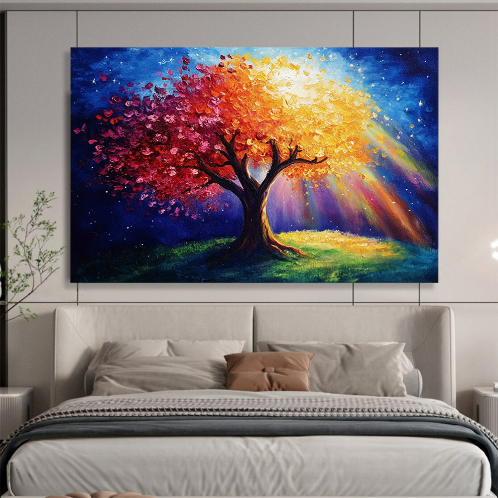 “Magical Tree with Colorful Blossoms and Light” - Blue, Red, Orange, Yellow, Magical Tree Scene - Fantasy Acrylic Painting HB1639