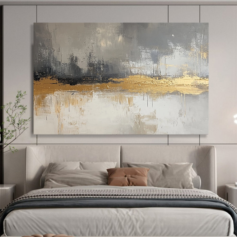 “Gilded Gray Layers” - Gray, Gold, White, Textured Abstract Layers Painting On Canvas HB1053