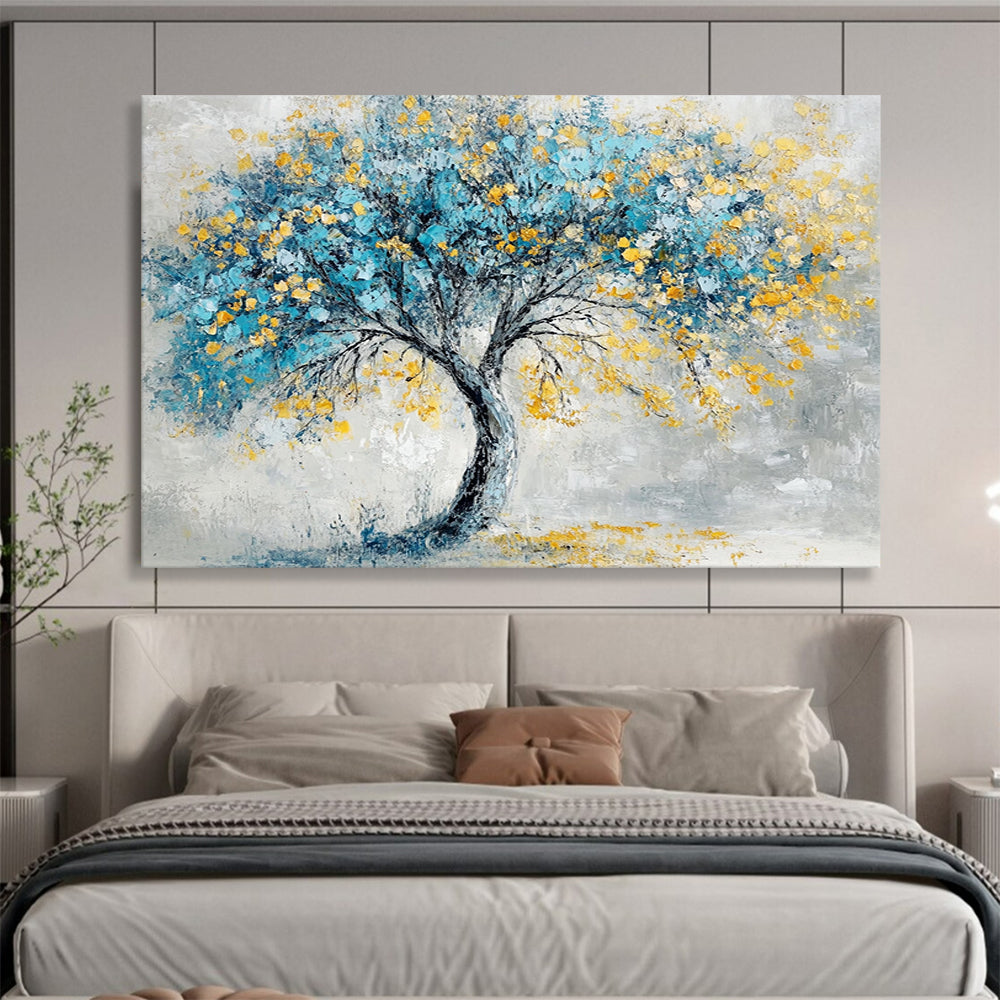“Blue - Yellow Tree” - Gray background, blue foliage, yellow blossoms, Textured Tree Painting On Canvas HB0589