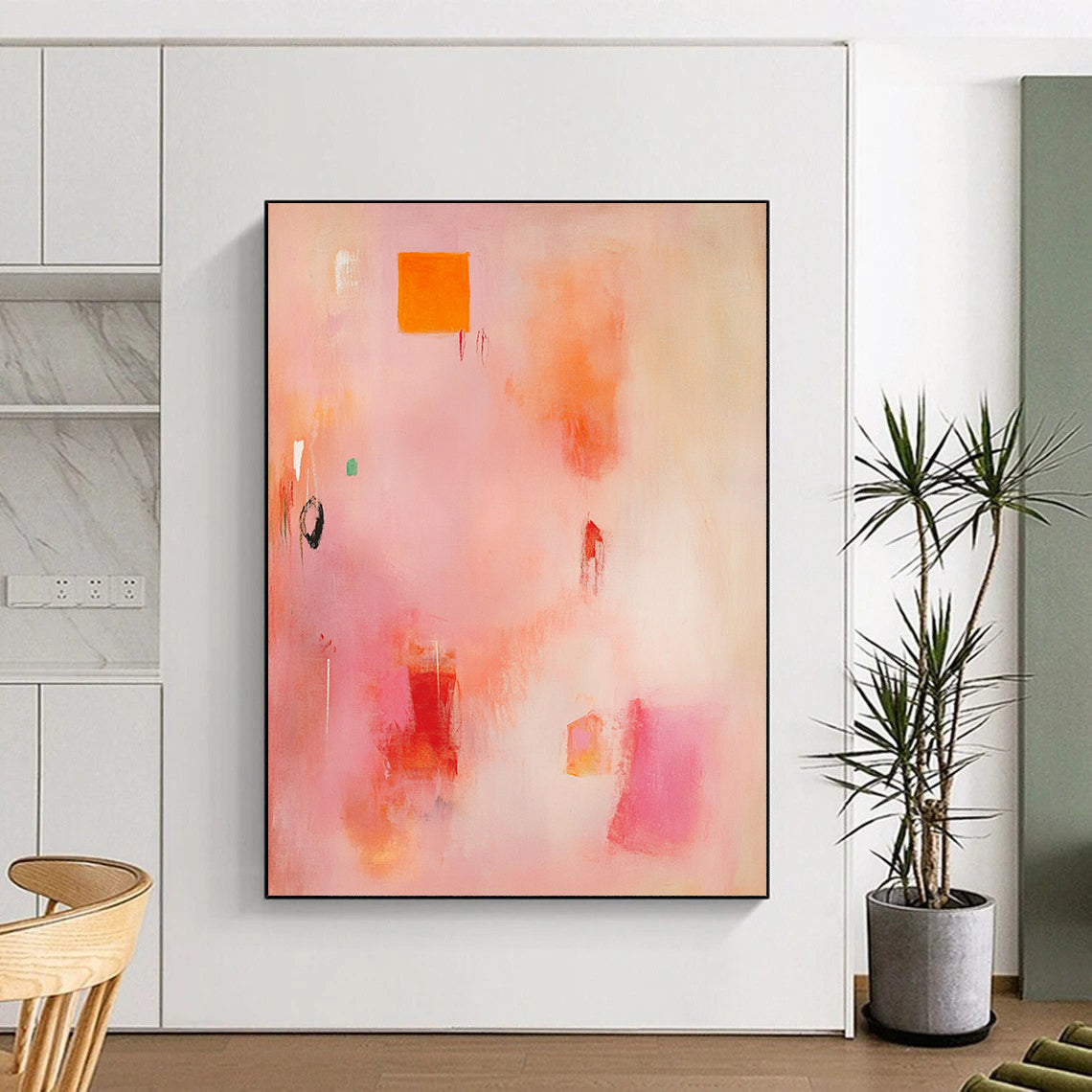 Contemporary hand-painted abstract artwork featuring soft pinks and oranges with organic brush strokes and vibrant yellow and red shapes. DLZ0926