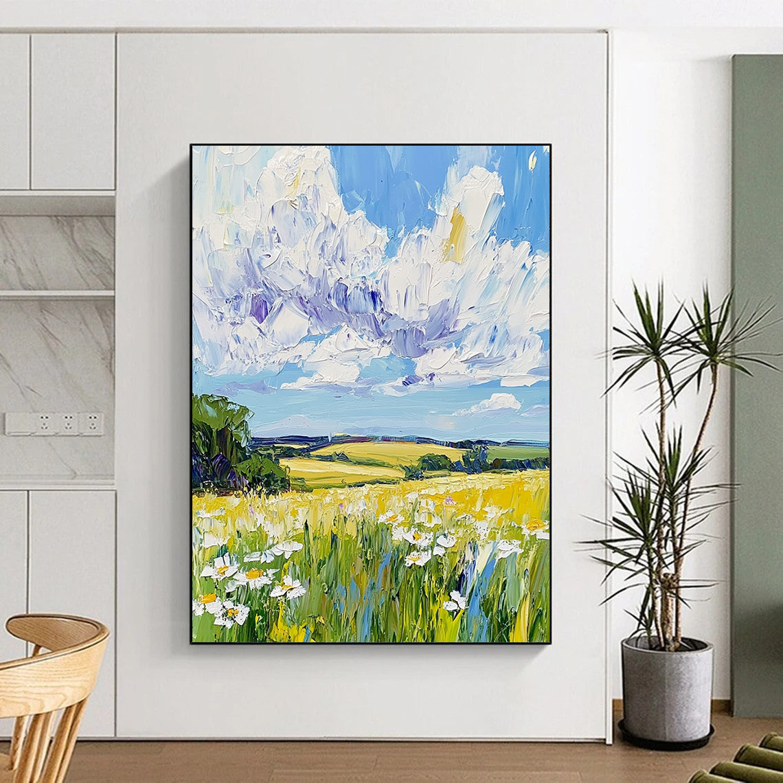Contemporary abstract painting features vibrant fields and daisies under a blue sky, showcasing dynamic impasto brush strokes in a captivating landscape. DLZ1286