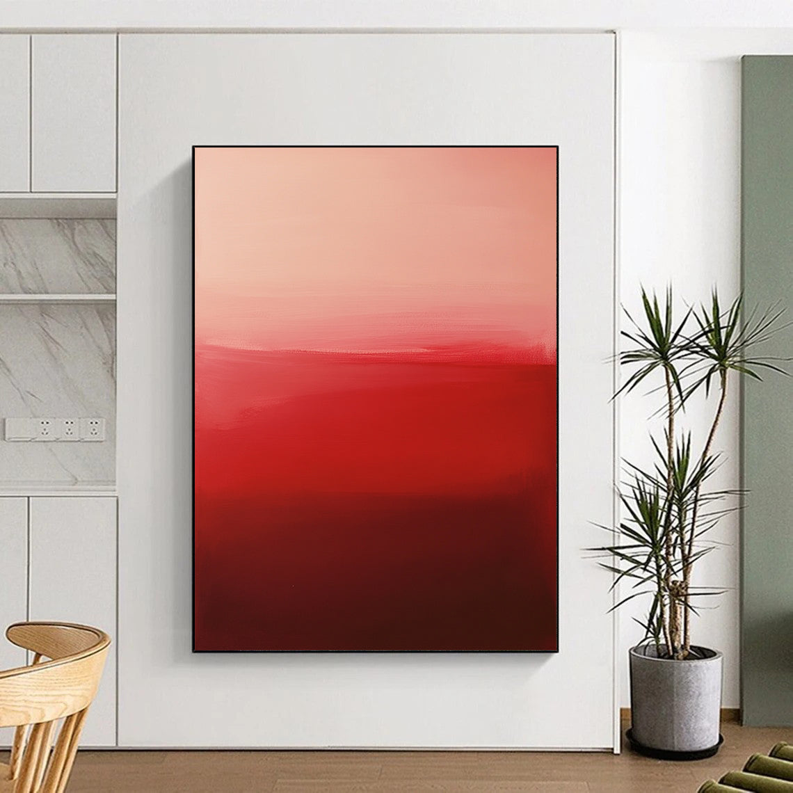 Contemporary hand-painted abstract artwork featuring vibrant red and pink gradients with evocative brushstrokes and minimalist design in negative space. DLZ1388