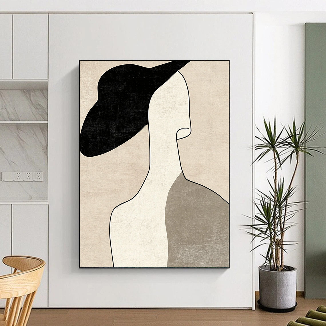 Contemporary minimalist art featuring a woman's profile with a hat in neutral tones and visible brush strokes on a beige background. DLZ1614