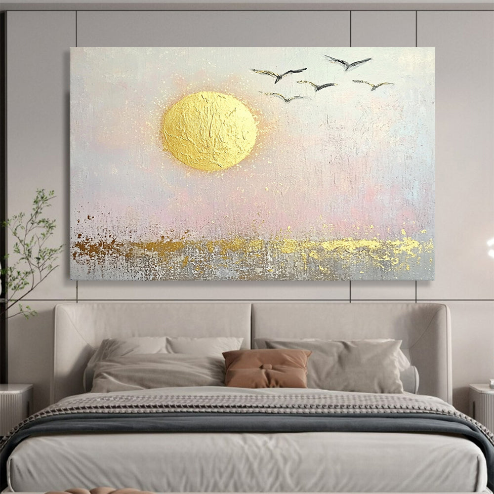 “Golden Sun and Birds” - Gold, pink, gray; Abstract sun and birds; Textured Acrylic Painting On Canvas HB1194