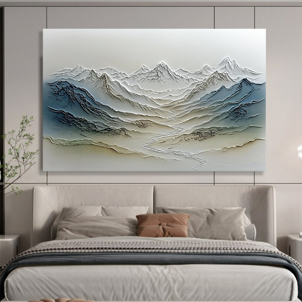 “Textured Mountain Range Relief” - Gray, Blue, Beige, Textured Landscape Painting On Canvas HB0774