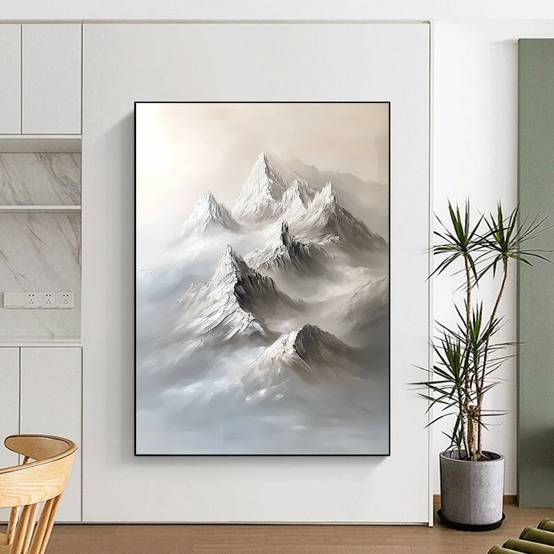 Abstract contemporary artwork featuring a large snow-capped mountain range in a minimalist gray palette with bold brushstrokes and ethereal fog. DLZ1289