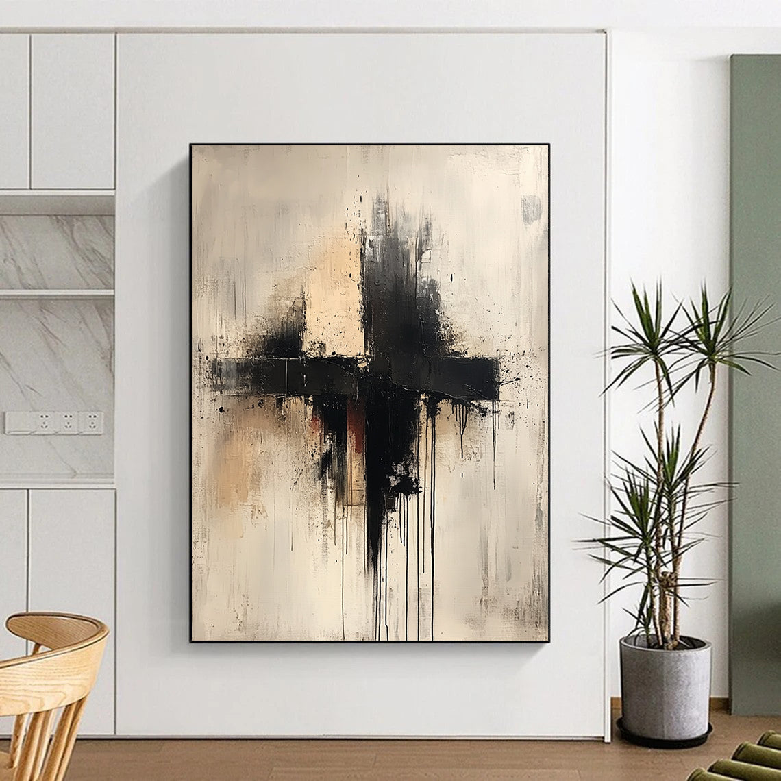 Large contemporary hand-painted abstract artwork featuring a cross in neutral tones with drips splashes and thin lines on a white background. DLZ0593