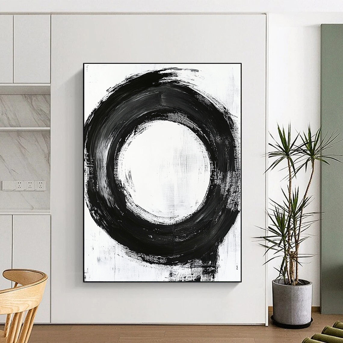 Black, White, Refined Circular Stroke "Pure Enso" Abstract Minimalist Painting On Canvas HB045