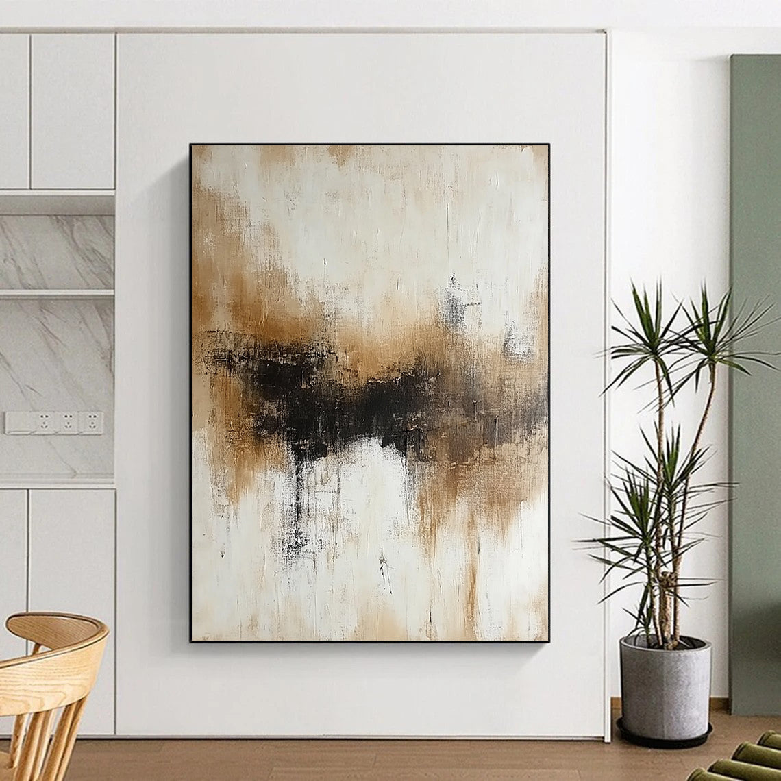 Contemporary hand-painted abstract artwork featuring neutral beige and white tones with subtle brown accents on a soft neutral background. DLZ0561