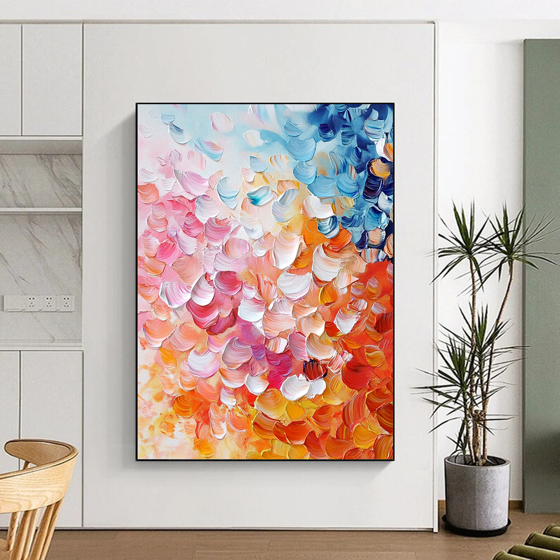 Contemporary abstract painting featuring vibrant pink, orange, and blue petals in thick impasto strokes, perfect for enhancing any modern space. DLZ0384