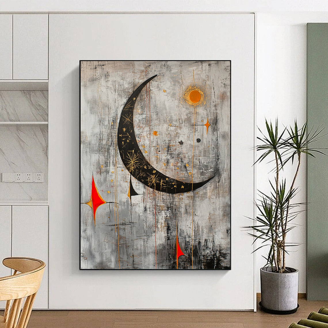Gray, Black, Gold, Orange and Red Celestial Motifs "Starry Night Revisited" Painting On Canvas HB335