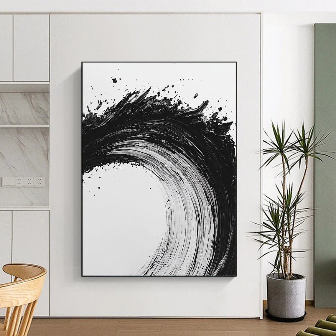 Black and White Dynamic Wave "Energetic Surge" Painting On Canvas HB282